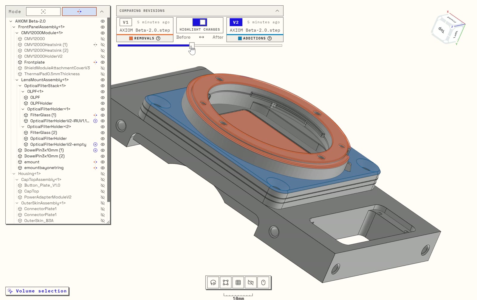 Product demo: a CAD assembly compared across two revisions, with removed geometry outlined in red and added geometry in blue on the lens mount.